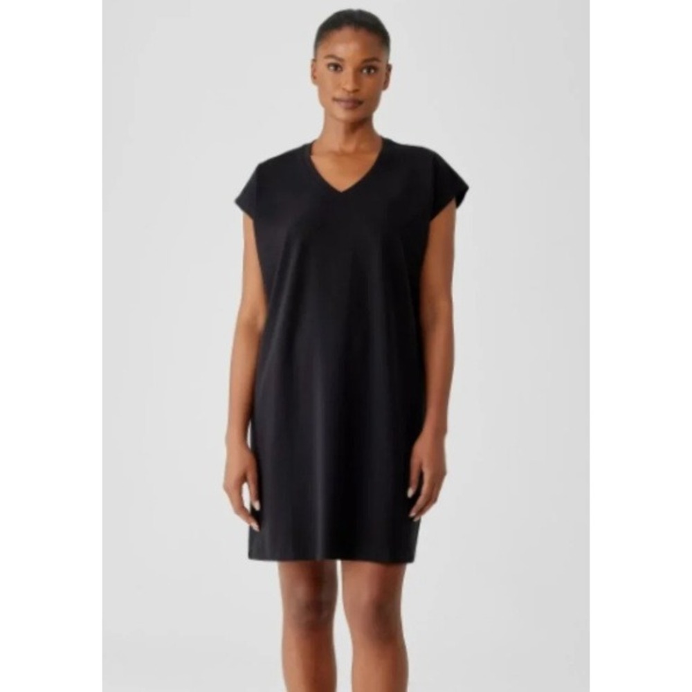 Eileen Fisher Black T-Shirt Dress Small Minimalist Capsule Basic V-Neck Classic